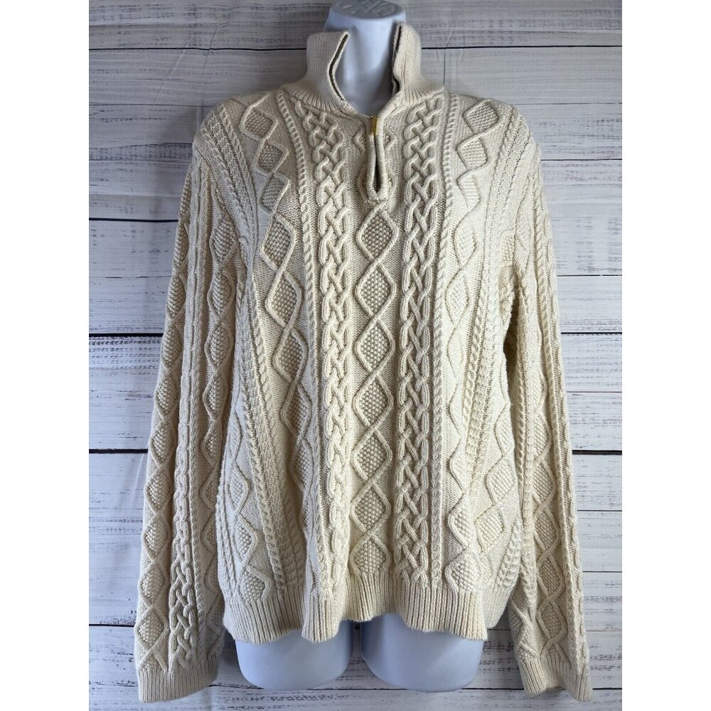 RALPH LAUREN Ivory Cable Knit Women Sweater 3/4 Zip Size XL Academia Preppy